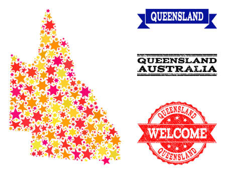Mosaic map of Australian Queensland composed with colored flat stars, and grunge textured stamps, isolated on an white background.のイラスト素材