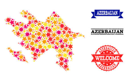Mosaic map of Azerbaijan designed with colored flat stars, and grunge textured stamps, isolated on an white background. Vector colored geographic abstraction of map of Azerbaijan with red, yellow,のイラスト素材