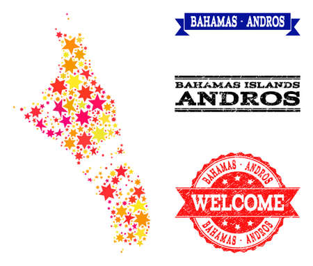 Mosaic map of Bahamas - Andros Island designed with colored flat stars, and grunge textured stamps, isolated on an white background.のイラスト素材