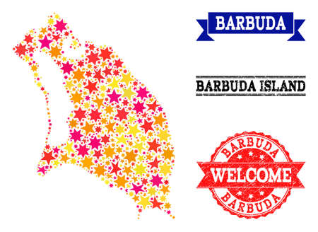 Mosaic map of Barbuda Island created with colored flat stars, and grunge textured stamps, isolated on an white background. Vector colored geographic abstraction of map of Barbuda Island with red,のイラスト素材