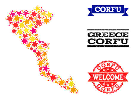 Mosaic map of Corfu Island designed with colored flat stars, and grunge textured stamps, isolated on an white background. Vector colorful geographic abstraction of map of Corfu Island with red,のイラスト素材
