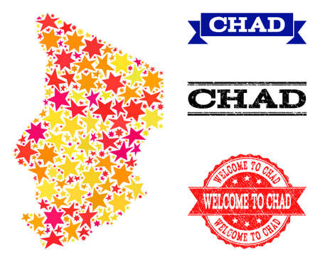 Mosaic map of Chad formed with colored flat stars, and grunge textured stamps, isolated on an white background. Vector colored geographic abstraction of map of Chad with red, yellow, orange stars.のイラスト素材