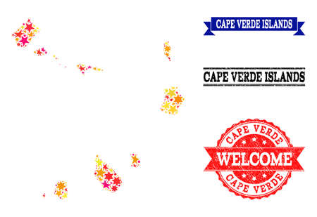 Mosaic map of Cape Verde Islands created with colored flat stars, and grunge textured stamps, isolated on an white background.のイラスト素材