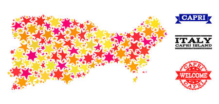 Mosaic map of Capri Island composed with colored flat stars, and grunge textured stamps, isolated on an white background. Vector colored geographic abstraction of map of Capri Island with red, yellow,のイラスト素材