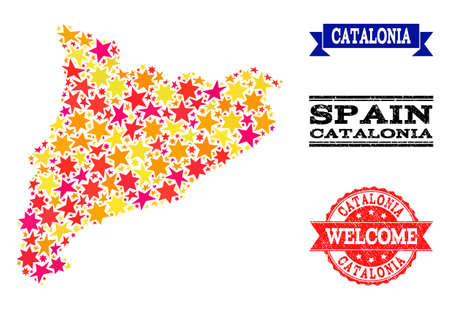 Mosaic map of Catalonia created with colored flat stars, and grunge textured stamps, isolated on an white background. Vector colored geographic abstraction of map of Catalonia with red, yellow,のイラスト素材