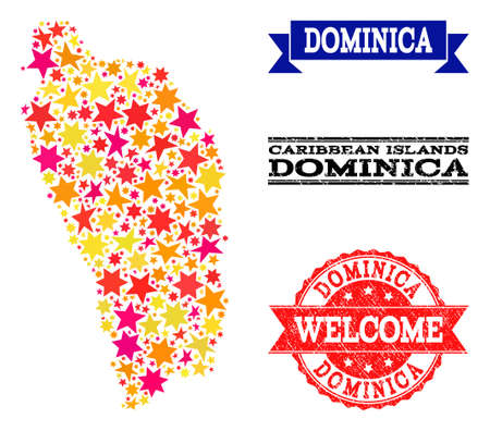 Mosaic map of Dominica Island created with colored flat stars, and grunge textured stamps, isolated on an white background. Vector colored geographic abstraction of map of Dominica Island with red,のイラスト素材