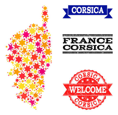 Mosaic map of Corsica designed with colored flat stars, and grunge textured stamps, isolated on an white background. Vector colored geographic abstraction of map of Corsica with red, yellow,のイラスト素材