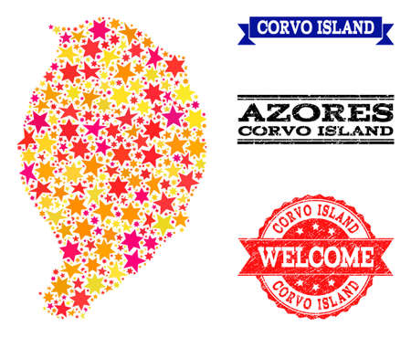 Mosaic map of Corvo Island designed with colored flat stars, and grunge textured stamps, isolated on an white background. Vector colored geographic abstraction of map of Corvo Island with red, yellow,のイラスト素材