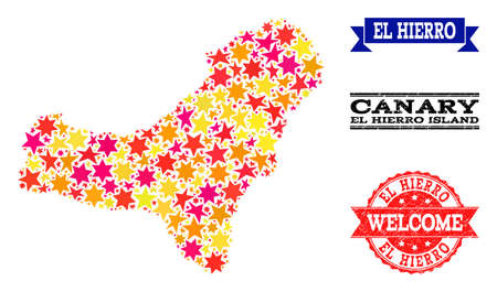 Mosaic map of El Hierro Island formed with colored flat stars, and grunge textured stamps, isolated on an white background. Vector colored geographic abstraction of map of El Hierro Island with red,のイラスト素材