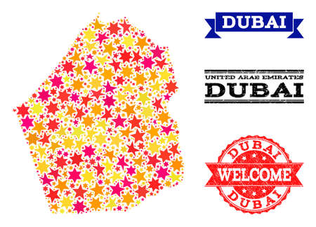 Mosaic map of Dubai Emirate composed with colored flat stars, and grunge textured stamps, isolated on an white background. Vector colored geographic abstraction of map of Dubai Emirate with red,のイラスト素材