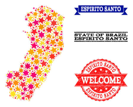 Mosaic map of Espirito Santo State formed with colored flat stars, and grunge textured stamps, isolated on an white background.のイラスト素材