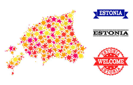 Mosaic map of Estonia formed with colored flat stars, and grunge textured stamps, isolated on an white background. Vector colored geographic abstraction of map of Estonia with red, yellow,のイラスト素材