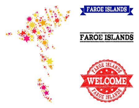 Mosaic map of Faroe Islands created with colored flat stars, and grunge textured stamps, isolated on an white background. Vector colored geographic abstraction of map of Faroe Islands with red,のイラスト素材