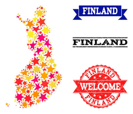 Mosaic map of Finland composed with colored flat stars, and grunge textured stamps, isolated on an white background. Vector colored geographic abstraction of map of Finland with red, yellow,のイラスト素材