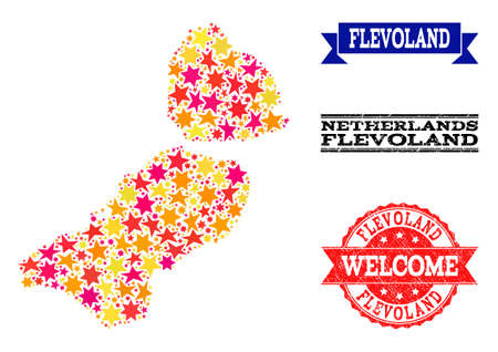 Mosaic map of Flevoland Province designed with colored flat stars, and grunge textured stamps, isolated on an white background.のイラスト素材