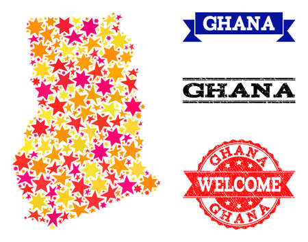 Mosaic map of Ghana composed with colored flat stars, and grunge textured stamps, isolated on an white background. Vector colored geographic abstraction of map of Ghana with red, yellow, orange stars.のイラスト素材