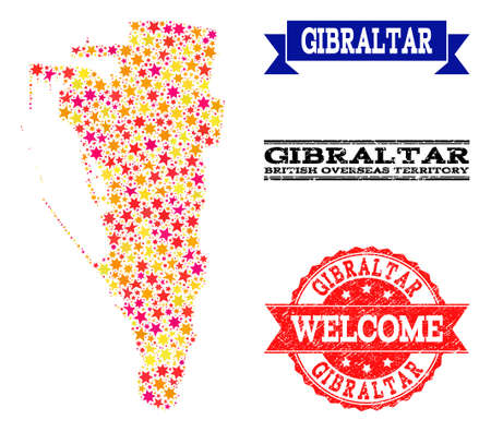 Mosaic map of Gibraltar designed with colored flat stars, and grunge textured stamps, isolated on an white background. Vector colored geographic abstraction of map of Gibraltar with red, yellow,のイラスト素材