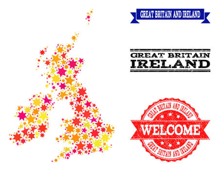 Mosaic map of Great Britain and Ireland composed with colored flat stars, and grunge textured stamps, isolated on an white background.のイラスト素材