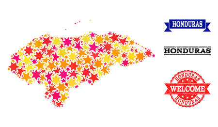 Mosaic map of Honduras designed with colored flat stars, and grunge textured stamps, isolated on an white background. Vector colored geographic abstraction of map of Honduras with red, yellow,のイラスト素材