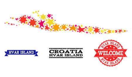 Mosaic map of Hvar Island designed with colored flat stars, and grunge textured stamps, isolated on an white background. Vector colored geographic abstraction of map of Hvar Island with red, yellow,のイラスト素材