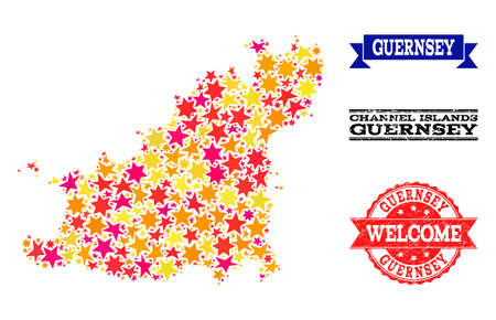 Mosaic map of Guernsey Island composed with colored flat stars, and grunge textured stamps, isolated on an white background. Vector bright geographic abstraction of map of Guernsey Island with red,のイラスト素材