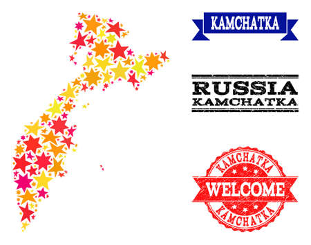 Mosaic map of Kamchatka Peninsula composed with colored flat stars, and grunge textured stamps, isolated on an white background.のイラスト素材