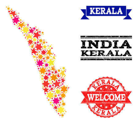 Mosaic map of Kerala State formed with colored flat stars, and grunge textured stamps, isolated on an white background. Vector colorful geographic abstraction of map of Kerala State with red, yellow,のイラスト素材