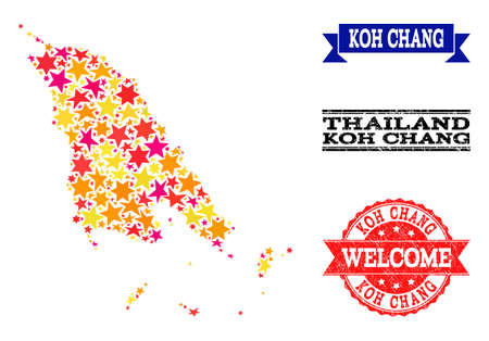 Mosaic map of Koh Chang created with colored flat stars, and grunge textured stamps, isolated on an white background. Vector colored geographic abstraction of map of Koh Chang with red, yellow,のイラスト素材