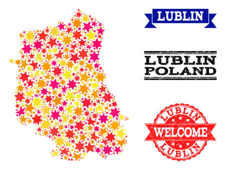Mosaic map of Lublin Province designed with colored flat stars, and grunge textured stamps, isolated on an white background. Vector colored geographic abstraction of map of Lublin Province with red,のイラスト素材