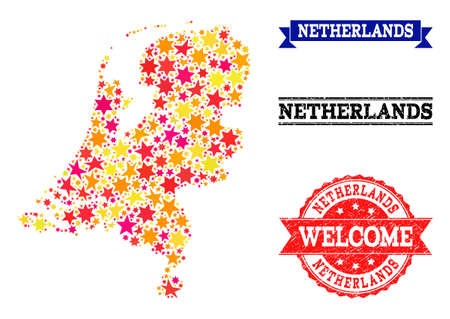 Mosaic map of Netherlands created with colored flat stars, and grunge textured stamps, isolated on an white background. Vector colored geographic abstraction of map of Netherlands with red, yellow,のイラスト素材