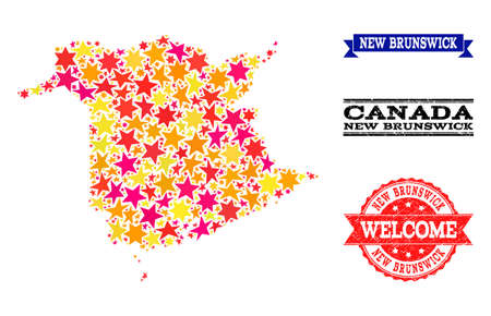 Mosaic map of New Brunswick Province composed with colored flat stars, and grunge textured stamps, isolated on an white background.のイラスト素材