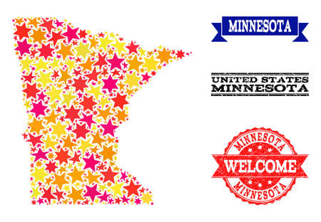 Mosaic map of Minnesota State formed with colored flat stars, and grunge textured stamps, isolated on an white background. Vector colored geographic abstraction of map of Minnesota State with red,のイラスト素材
