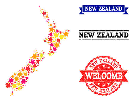 Mosaic map of New Zealand composed with colored flat stars, and grunge textured stamps, isolated on an white background. Vector colorful geographic abstraction of map of New Zealand with red, yellow,のイラスト素材
