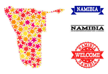 Mosaic map of Namibia formed with colored flat stars, and grunge textured stamps, isolated on an white background. Vector colored geographic abstraction of map of Namibia with red, yellow,のイラスト素材