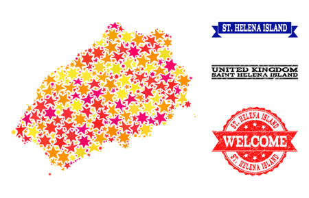 Mosaic map of Saint Helena Island composed with colored flat stars, and grunge textured stamps, isolated on an white background.のイラスト素材