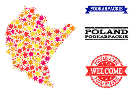 Mosaic map of Podkarpackie Province designed with colored flat stars, and grunge textured stamps, isolated on an white background.のイラスト素材