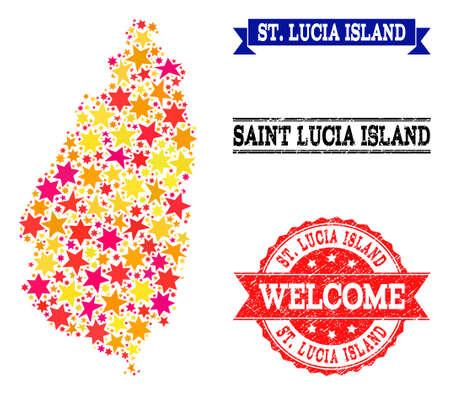 Mosaic map of Saint Lucia Island created with colored flat stars, and grunge textured stamps, isolated on an white background.のイラスト素材