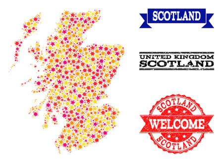 Mosaic map of Scotland formed with colored flat stars, and grunge textured stamps, isolated on an white background. Vector bright geographic abstraction of map of Scotland with red, yellow,のイラスト素材