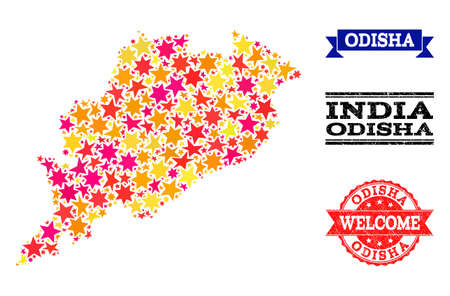 Mosaic map of Odisha State created with colored flat stars, and grunge textured stamps, isolated on an white background. Vector colored geographic abstraction of map of Odisha State with red, yellow,のイラスト素材