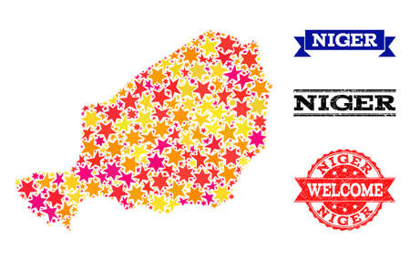 Mosaic map of Niger designed with colored flat stars, and grunge textured stamps, isolated on an white background. Vector colored geographic abstraction of map of Niger with red, yellow, orange stars.のイラスト素材