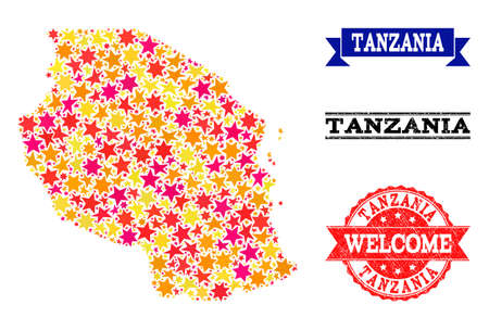 Mosaic map of Tanzania composed with colored flat stars, and grunge textured stamps, isolated on an white background. Vector colored geographic abstraction of map of Tanzania with red, yellow,のイラスト素材