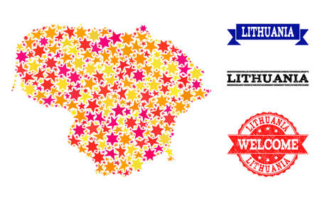 Mosaic map of Lithuania created with colored flat stars, and grunge textured stamps, isolated on an white background. Vector colored geographic abstraction of map of Lithuania with red, yellow,のイラスト素材