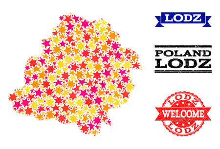 Mosaic map of Lodz Province composed with colored flat stars, and grunge textured stamps, isolated on an white background. Vector colored geographic abstraction of map of Lodz Province with red,のイラスト素材