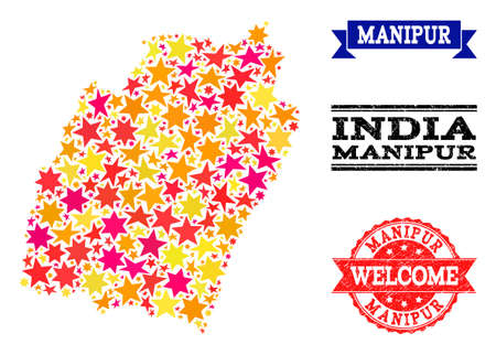 Mosaic map of Manipur State formed with colored flat stars, and grunge textured stamps, isolated on an white background. Vector colored geographic abstraction of map of Manipur State with red, yellow,のイラスト素材