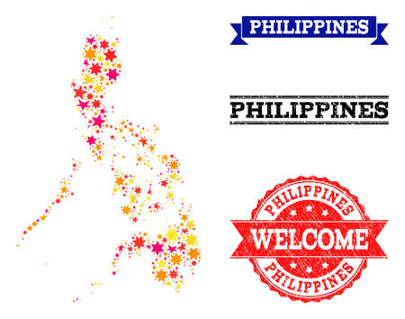 Mosaic map of Philippines created with colored flat stars, and grunge textured stamps, isolated on an white background. Vector colored geographic abstraction of map of Philippines with red, yellow,のイラスト素材