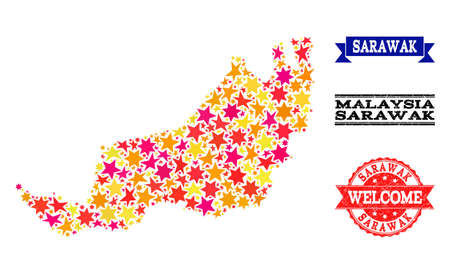 Mosaic map of Sarawak created with colored flat stars, and grunge textured stamps, isolated on an white background. Vector colored geographic abstraction of map of Sarawak with red, yellow,のイラスト素材