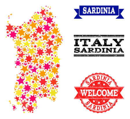 Mosaic map of Sardinia region composed with colored flat stars, and grunge textured stamps, isolated on an white background. Vector colored geographic abstraction of map of Sardinia region with red,のイラスト素材
