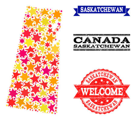 Mosaic map of Saskatchewan Province designed with colored flat stars, and grunge textured stamps, isolated on an white background.のイラスト素材