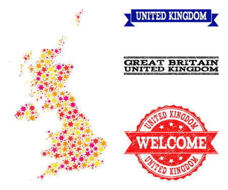Mosaic map of United Kingdom created with colored flat stars, and grunge textured stamps, isolated on an white background. Vector colored geographic abstraction of map of United Kingdom with red,のイラスト素材
