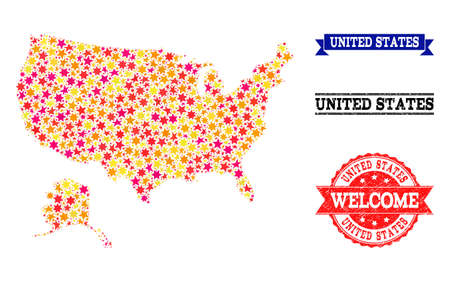Mosaic map of USA and Alaska created with colored flat stars, and grunge textured stamps, isolated on an white background. Vector colored geographic abstraction of map of USA and Alaska with red,のイラスト素材